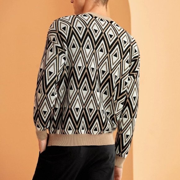 White Mens Geometric Print Sweater - Picture 2 of 5
